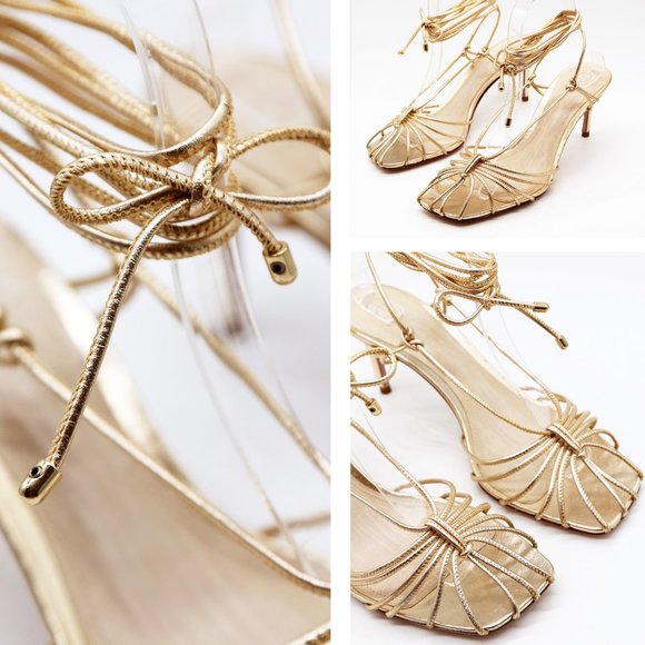 Porte & Paire Net-a-porter Gold Metallic Leather Sandals Lace Up Strappy 39 $280 - Picture 14 of 16
